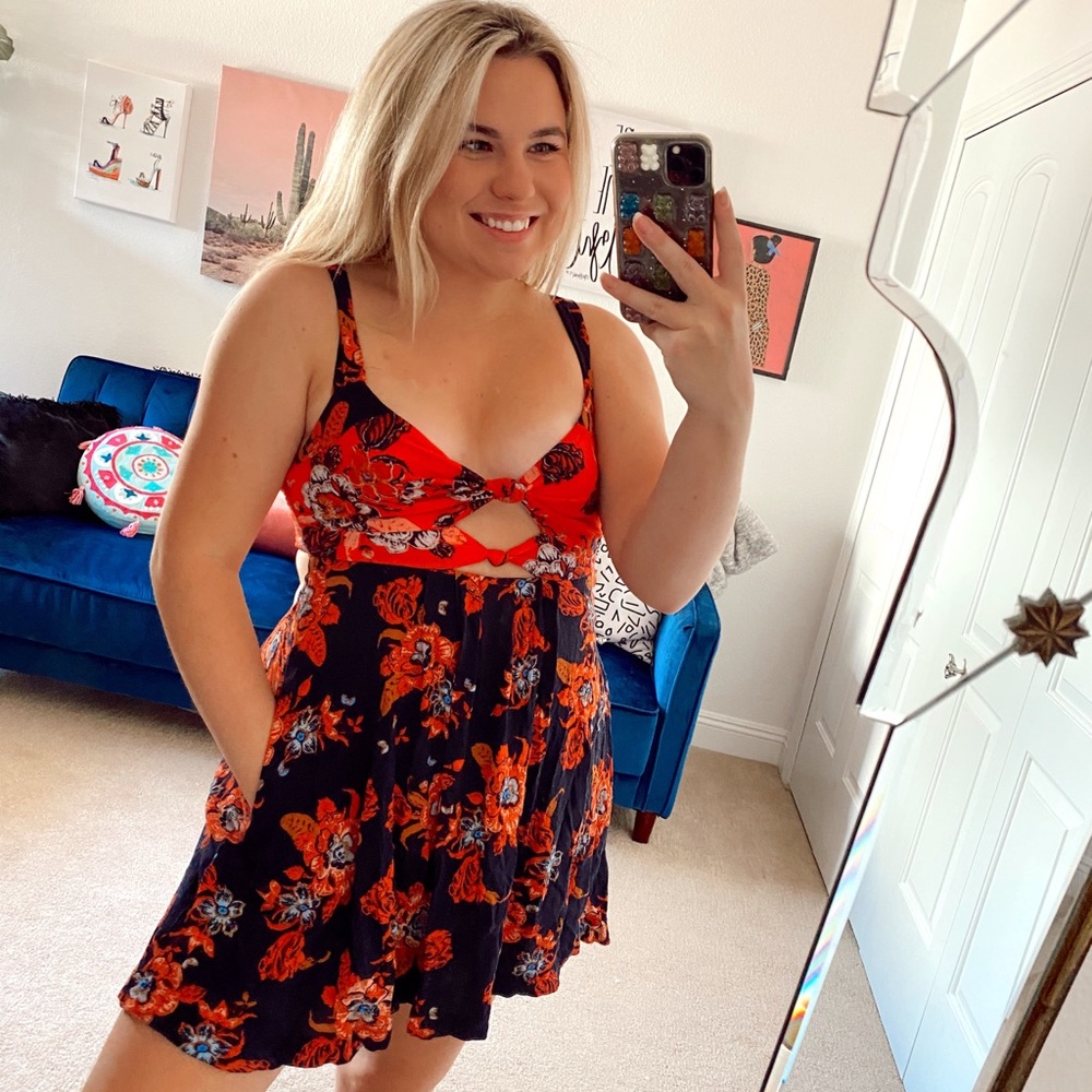Free people red blue floral mini dress pockets